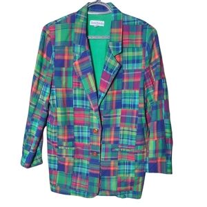 David Brooks Vintage 90s Madras Green Patchwork Plaid Blazer-Oversize Size 4